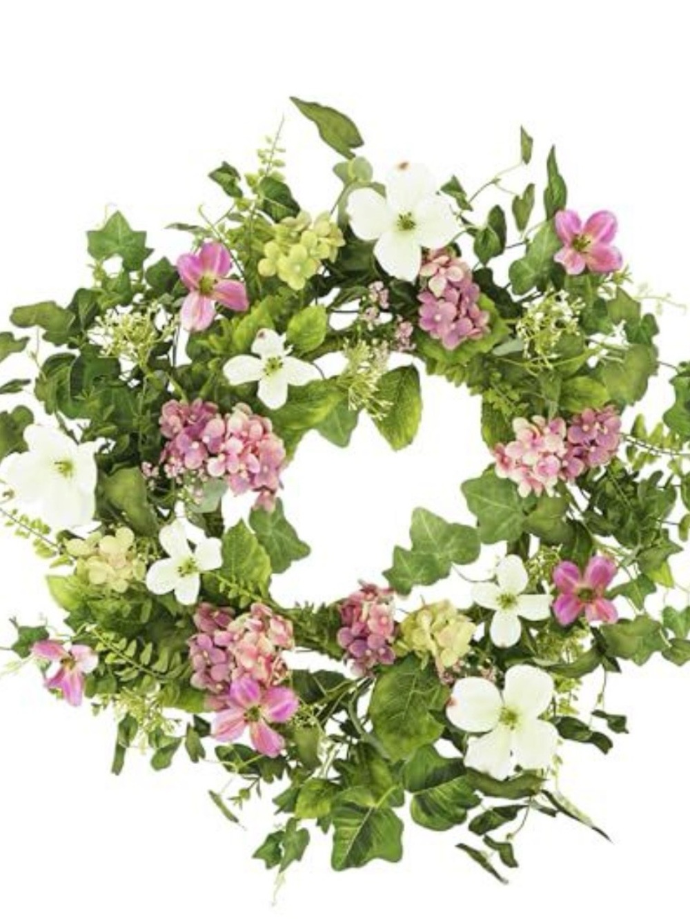 Amazon Pink and White Floral Spring Wreath with Green Foliage